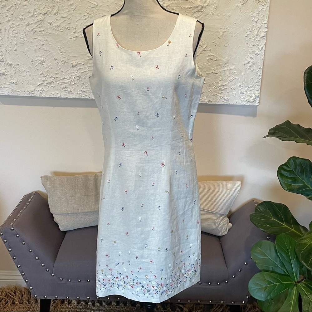 Coldwater Creek Women's 100% Linen Ivory Floral Sleeveless Dress Sz 10 USA